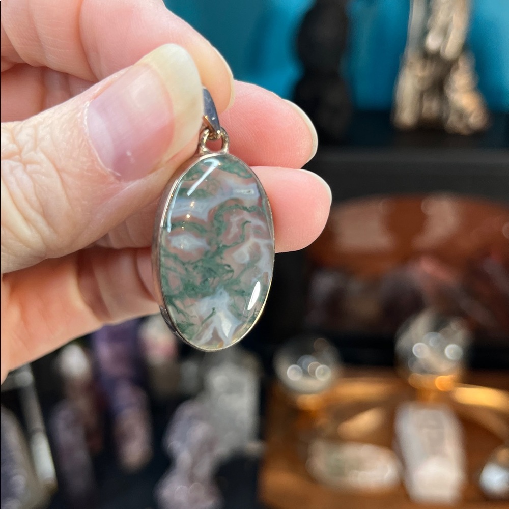 Moss Agate Pendant From Thailand 925 Sterling - Picture 1 of 4